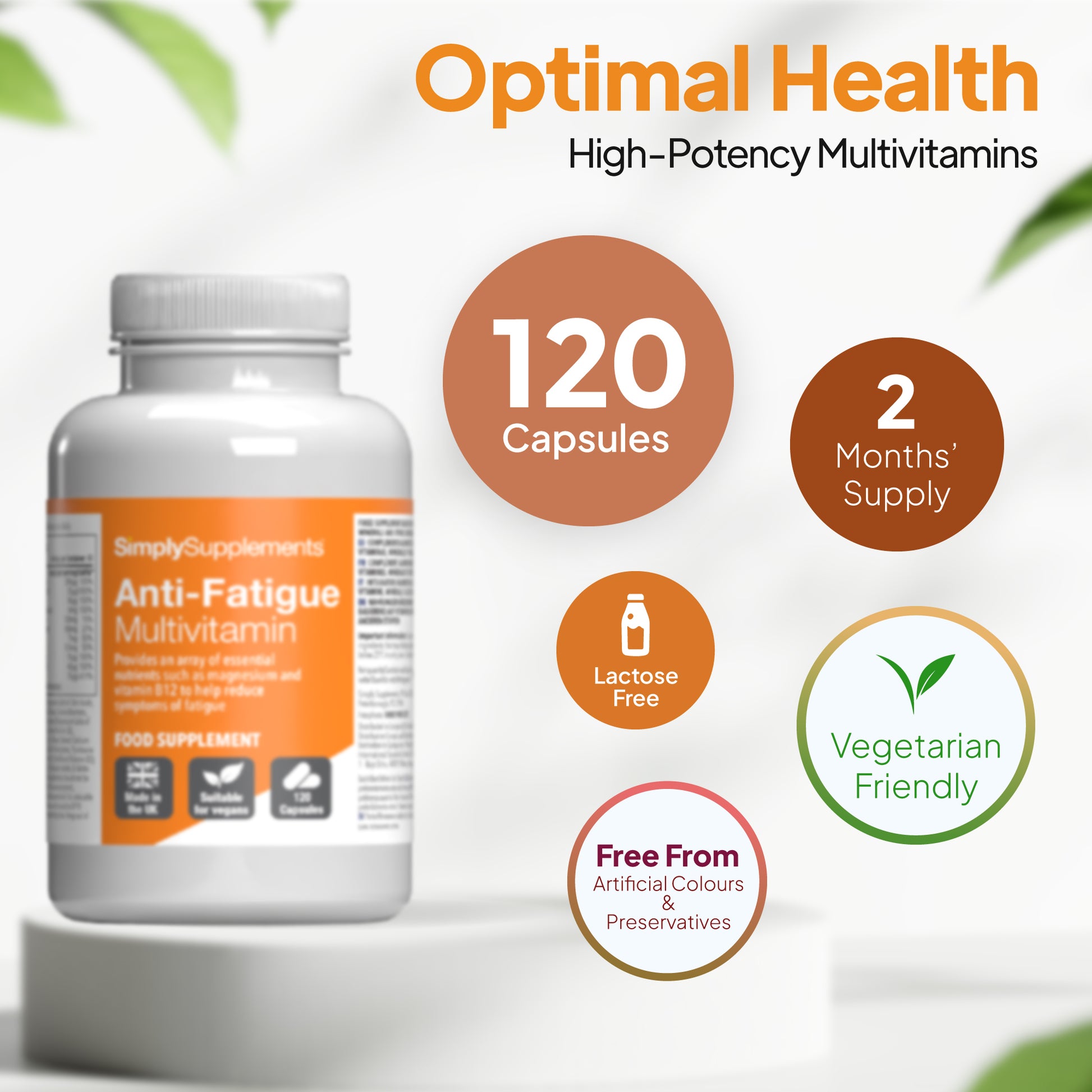High-potency anti-fatigue multivitamins containing 120 capsules.