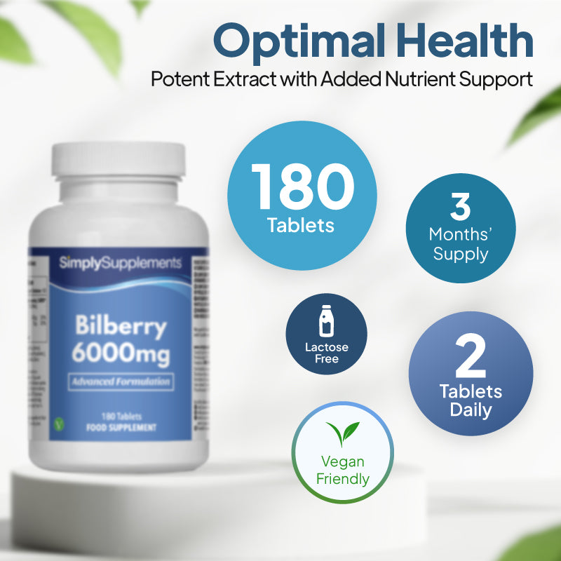 Product infographic for Simply Supplements Bilberry 6000mg, showing a supplement bottle beside a circular layout with bilberries and text highlighting 180 tablets, 3 months’ supply, 2 tablets a day, suitability for vegans and lactose free