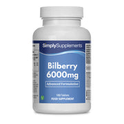 Supplement bottle labeled 'SimplySupplements Bilberry 6000mg' on a white background