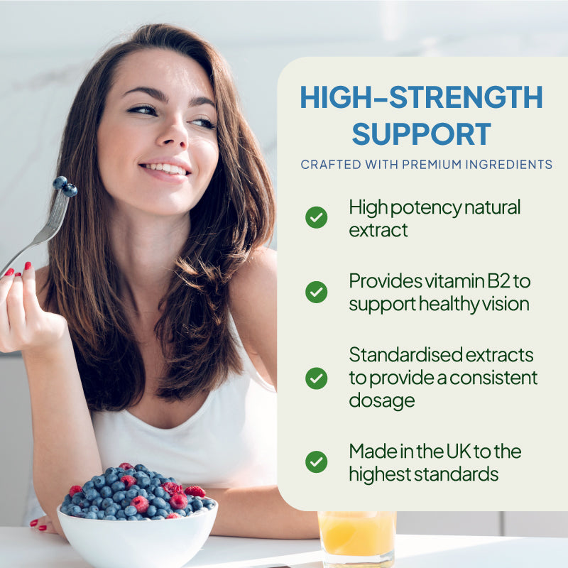 Promotional product graphic for Simply Supplements Bilberry 6000mg, highlighting key benefits. The product is a high potency extract, provides B2 and made in the UK to the highest standards.