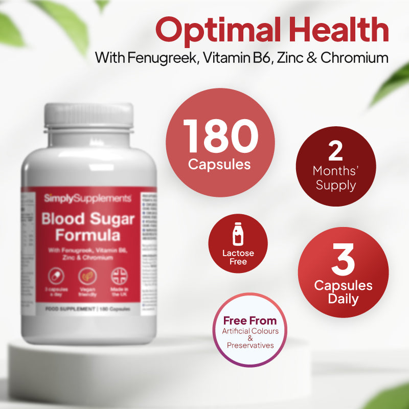 Supplement bottle labeled 'Blood Sugar Formula' with nutritional information on a white background. 180 Capsules. 2 months' supply, take 3 capsules daily. Lactose free