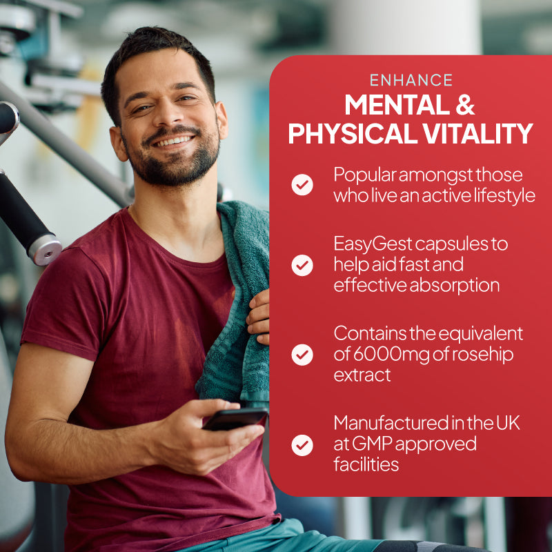 Simply Supplements Rosehip 12,000mg lifestyle graphic featuring gym user, highlighting popularity amongst those living an active lifestyle and howp the tablets help aid fast and effective absorption due to the EasyGest capsules.