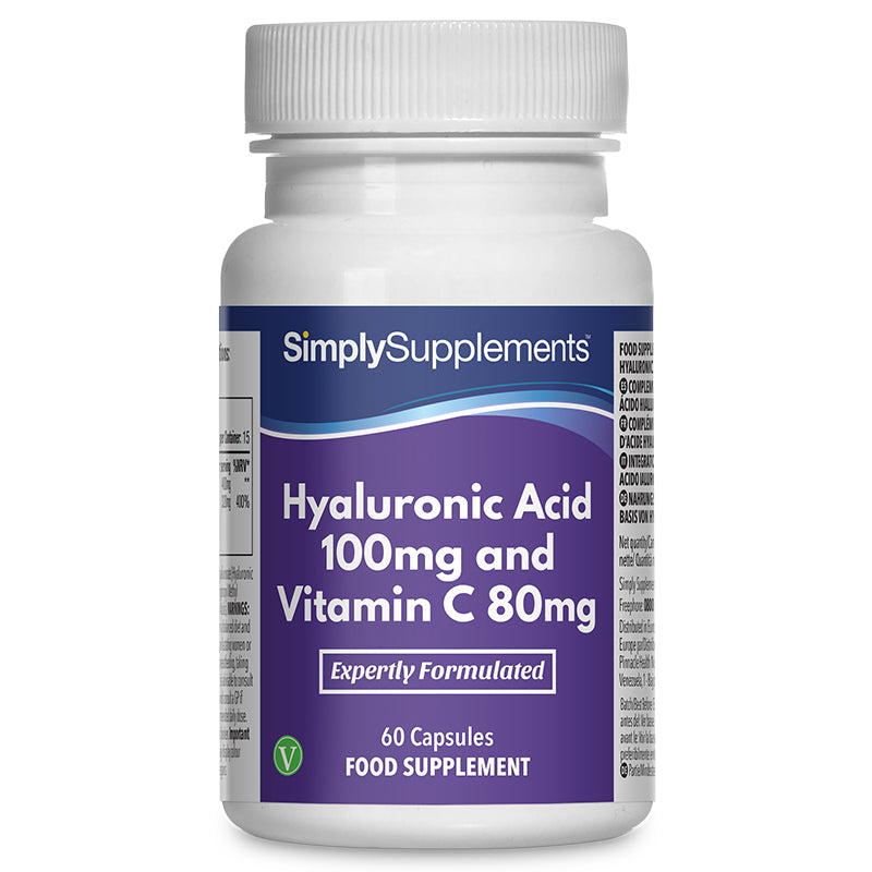 Flacone di integratore etichettato “Acido Ialuronico 100mg e Vitamina C 80mg Simply Supplements” con etichetta viola su sfondo bianco.