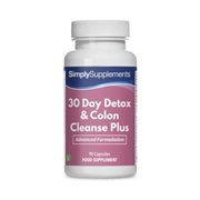 Flacone di integratore etichettato "30 Day Detox & Colon Cleanse Plus" di SimplySupplements su sfondo bianco.