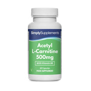 Flacone di integratore di Acetil L-Carnitina 500 mg di Simply Supplements su sfondo bianco.