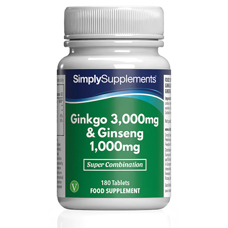 Flacone di integratore etichettato “Ginkgo 3,000mg & Ginseng 1,000mg Simply Supplements” con etichetta verde su sfondo bianco.