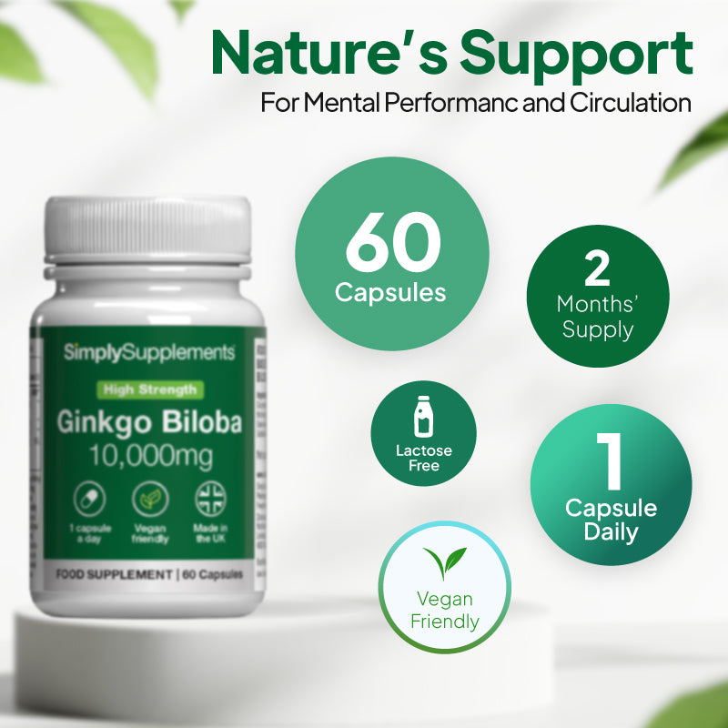 Simply Supplements Ginkgo Biloba supplement graphic showing 60 capsules, 2 months’ supply, 1 capsule daily, lactose free formula, and vegan friendly profile.
