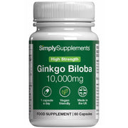Bottle of SimplySupplements Ginkgo Biloba 10,000mg supplement on a white background