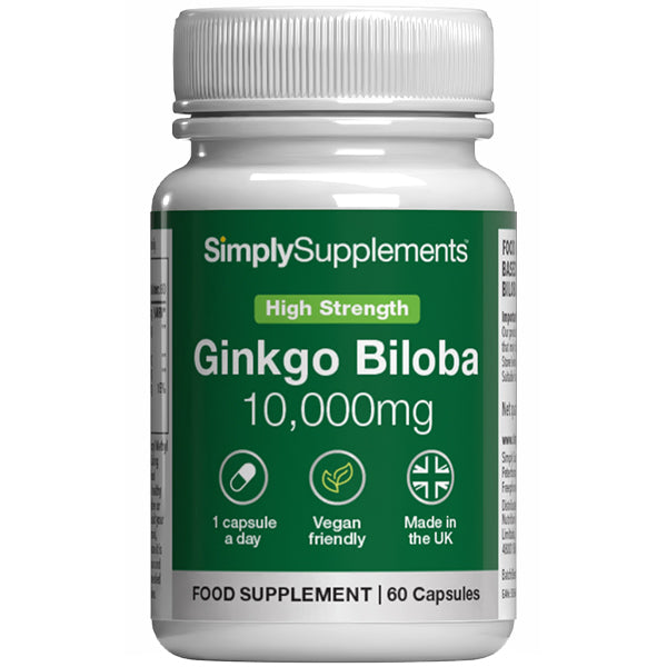 Bottle of SimplySupplements Ginkgo Biloba 10,000mg supplement on a white background