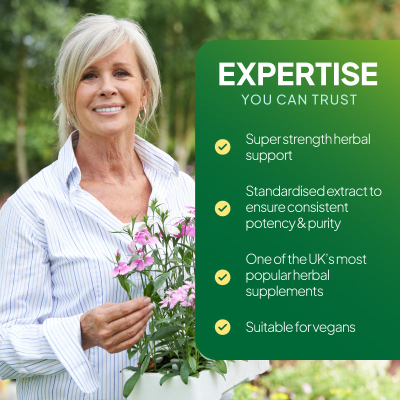 Simply Supplements Ginkgo Biloba lifestyle graphic highlighting super strength herbal support, standardised extract for consistent potency and purity, one of the UK’s most popular herbal supplements, and suitability for vegans.