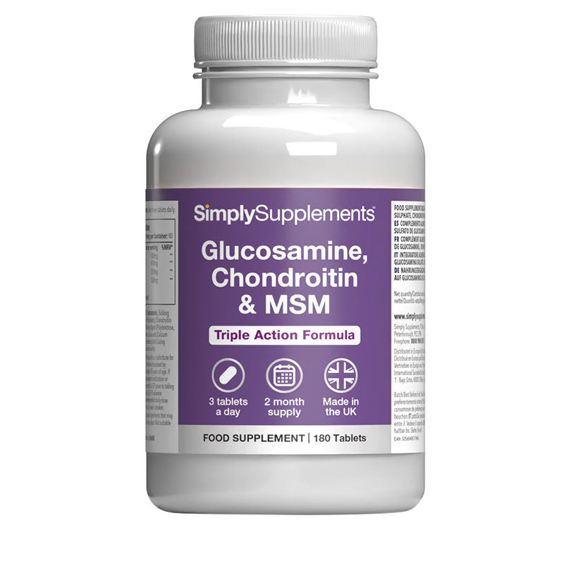 Supplement bottle labeled 'SimplySupplements Glucosamine, Chondroitin & MSM' on a white background