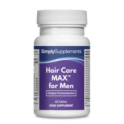 Supplement bottle labeled 'Hair Care MAX for Men' by SimplySupplements on a white background