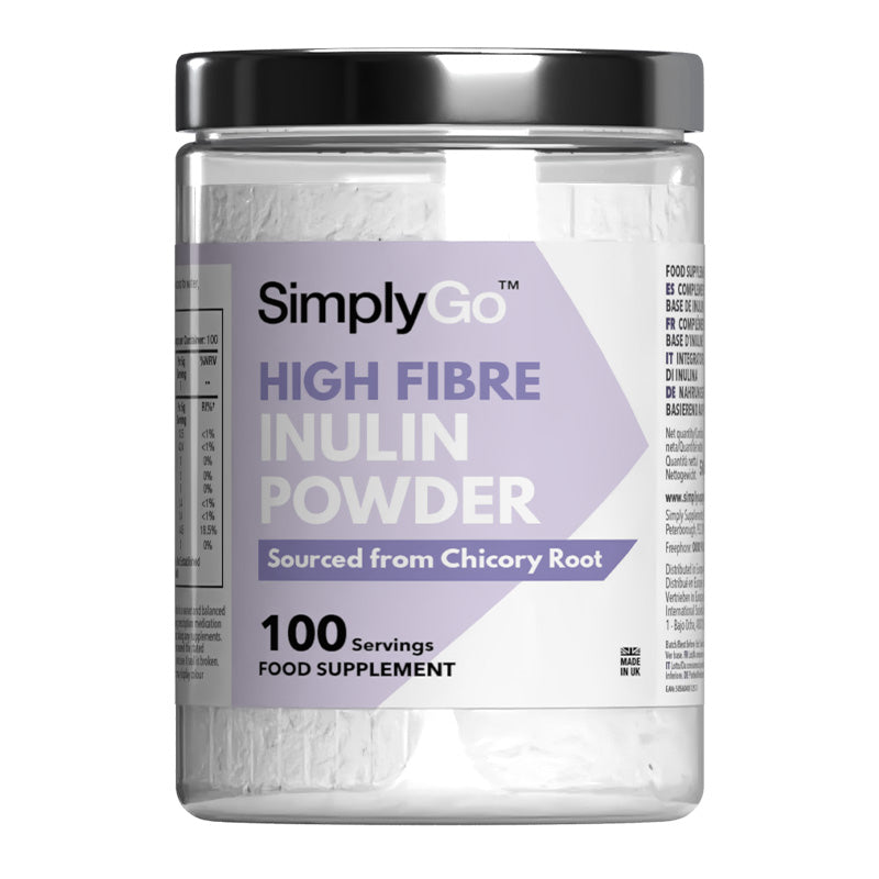 Jar of SimplyGo High Fibre Inulin Powder on a white background