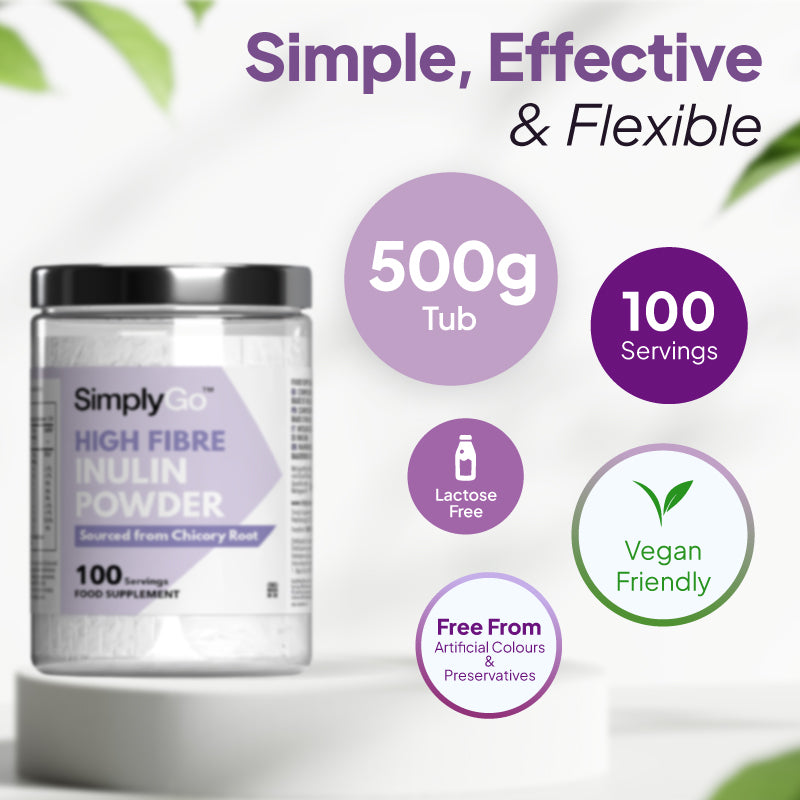 SimplyGo High Fibre Inulin Powder supplement graphic showing 500g tub, 100 servings, lactose free formula, vegan friendly profile and free from artificial colours and preservatives.