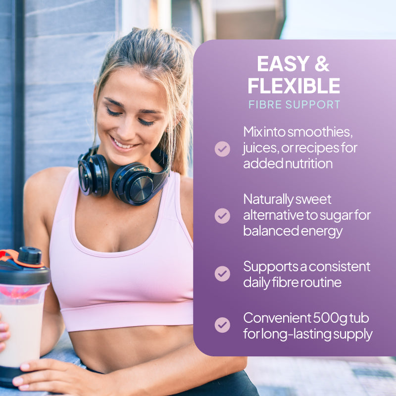 SimplyGo High Fibre Inulin lifestyle graphic highlighting flexible fibre support, smoothie and recipe use, naturally sweet sugar alternative, daily fibre routine support and convenient 500g long-lasting supply.