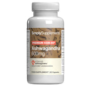 SimplySupplements Premium KSM-66 Ashwagandha 600mg food supplement bottle with 60 capsules