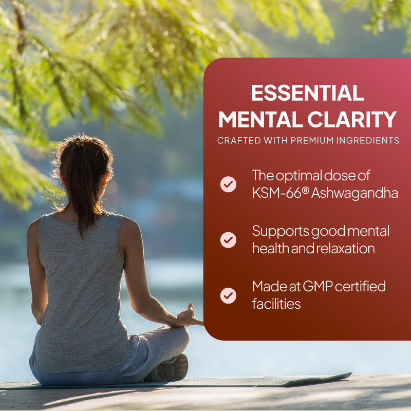 Ashwagandha supplement lifestyle benefits image showing a woman meditating outdoors alongside claims about KSM-66 ashwagandha, mental clarity, relaxation support, and GMP-certified manufacturing