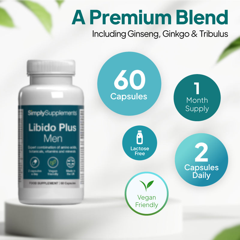 Libido Plus Men supplement with 60 capsules, 1-month supply, vegan-friendly formula and 2 capsules daily