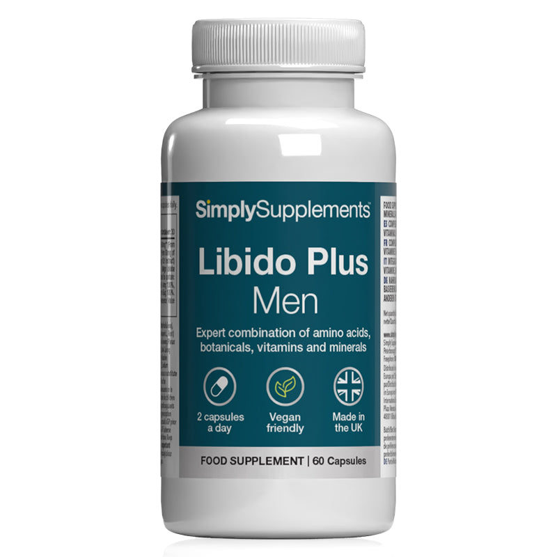 Simply Supplements Libido Plus Men food supplement, 60 capsules, expert combination of amino acids, botanicals, vitamins and minerals, vegan friendly, made in the UK.