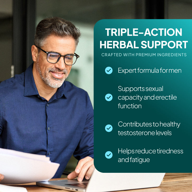 Man beside a men’s herbal support graphic highlighting zinc for testosterone support, reduced tiredness and fatigue, and a botanical blend for male vitality