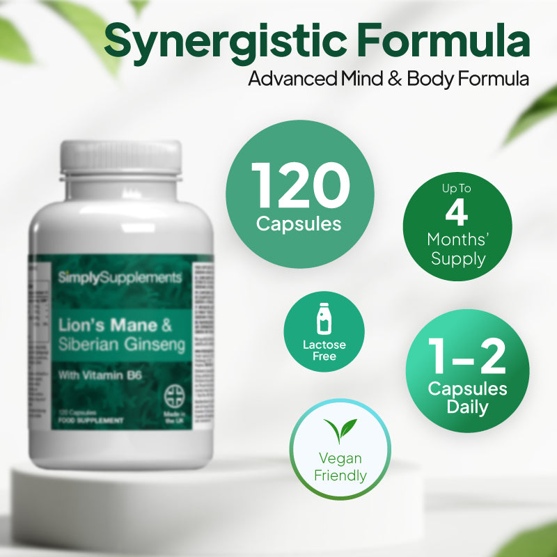 Simply Supplements Lion’s Mane and Siberian Ginseng supplement graphic showing 120 capsules, up to 4 months’ supply, 1–2 capsules daily, lactose free formula, and vegan friendly profile.