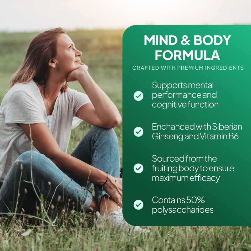 Simply Supplements Lion’s Mane and Siberian Ginseng lifestyle graphic highlighting support for mental performance and cognitive function, added Siberian ginseng and vitamin B6, lion’s mane sourced from the fruiting body for maximum efficacy, and 50% polysaccharides content.