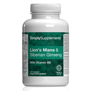 Front label of Simply Supplements Lion’s Mane & Siberian Ginseng with Vitamin B 6 food supplement, showing 120 capsules and mushroom complex formula.