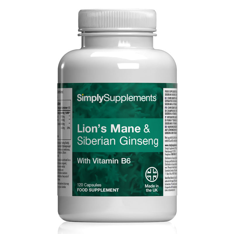 Front label of Simply Supplements Lion’s Mane & Siberian Ginseng with Vitamin B 6 food supplement, showing 120 capsules and mushroom complex formula.
