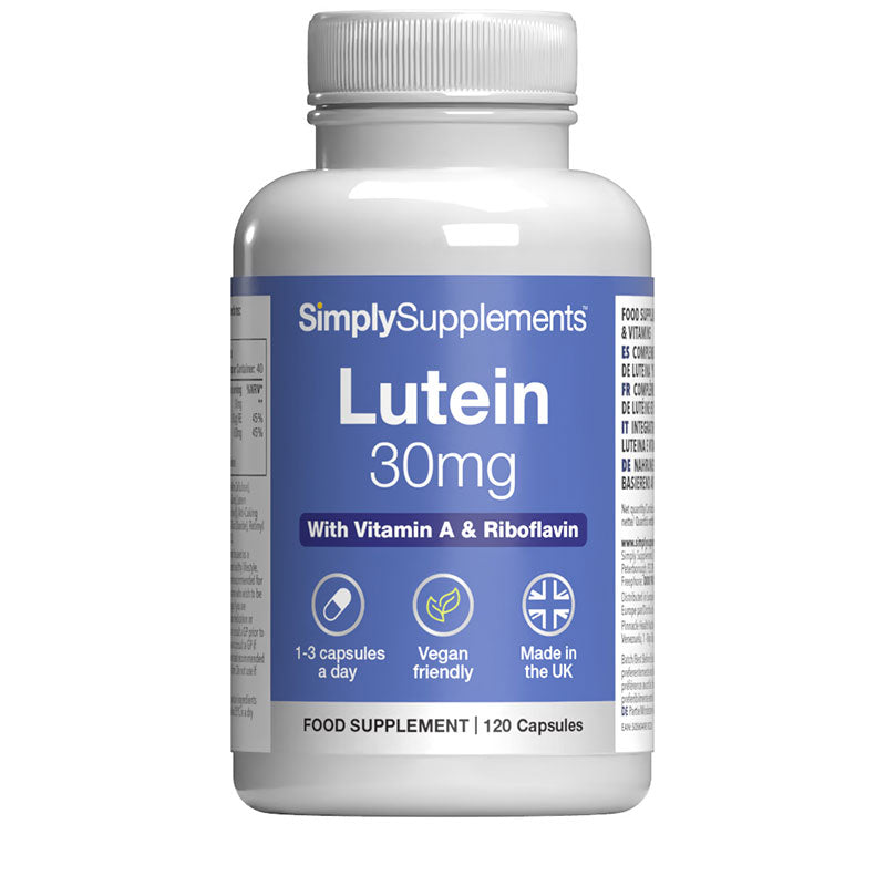 Supplement bottle labeled 'Lutein 30mg' with branding on a white background