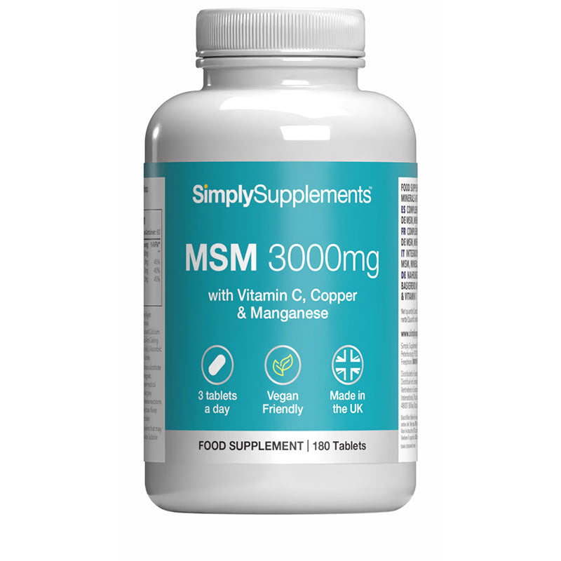 Supplement bottle labeled 'SimplySupplements MSM 3000mg' on a white background