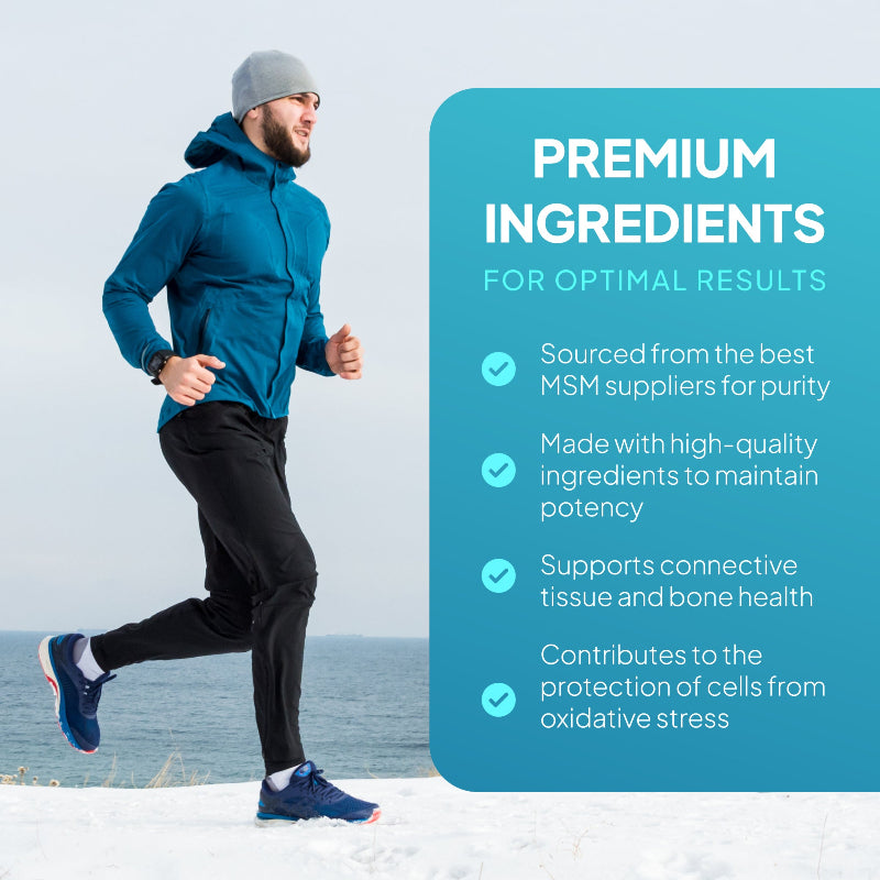 Simply Supplements MSM 3000mg premium ingredients graphic showing a runner outdoors, highlighting high-quality MSM supplement for joint support, connective tissue, bone health and antioxidant protection.
