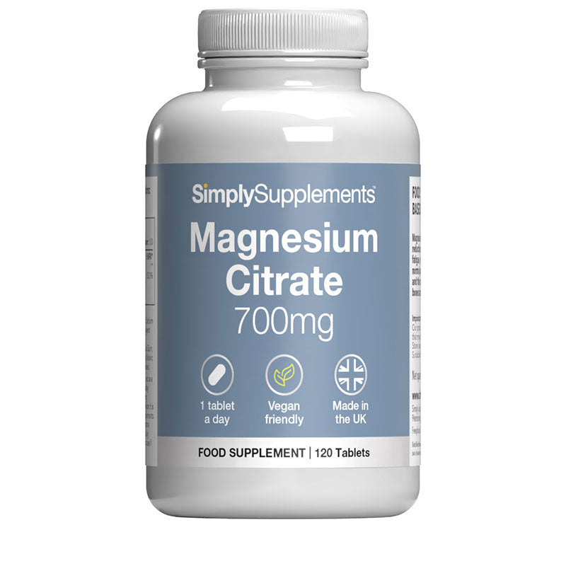 Supplement bottle labeled 'SimplySupplements Magnesium Citrate 700mg' on a white background