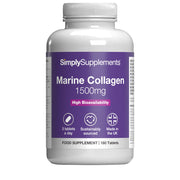 Supplement bottle labeled 'Marine Collagen 1500mg' by SimplySupplements on a white background