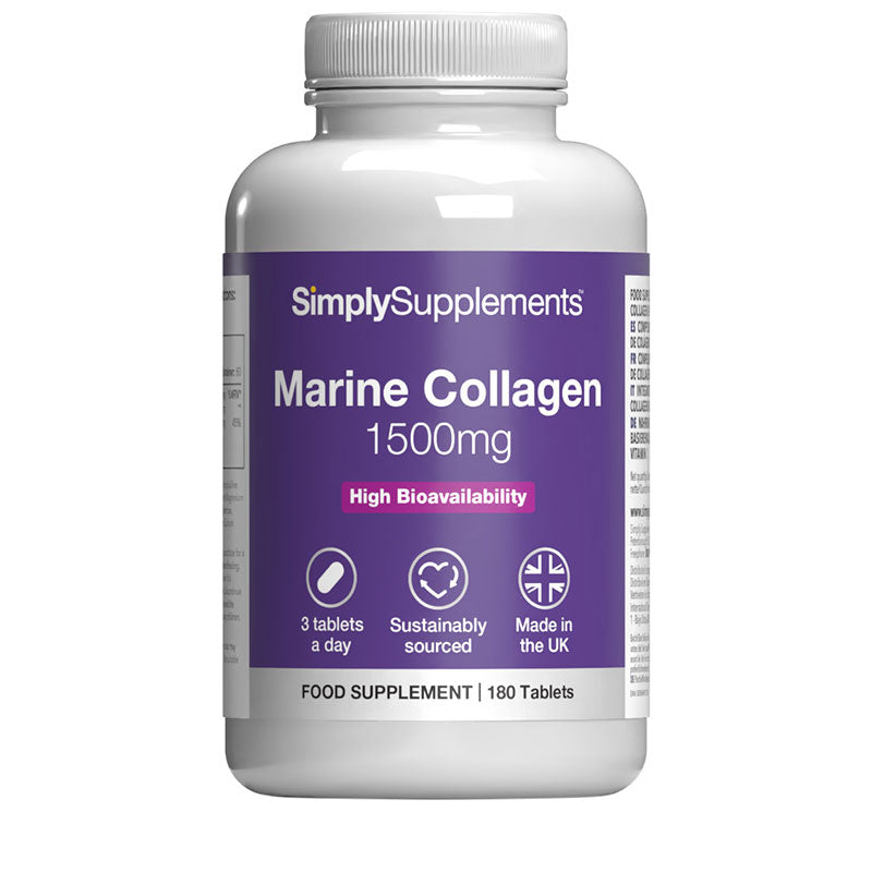 Supplement bottle labeled 'Marine Collagen 1500mg' by SimplySupplements on a white background