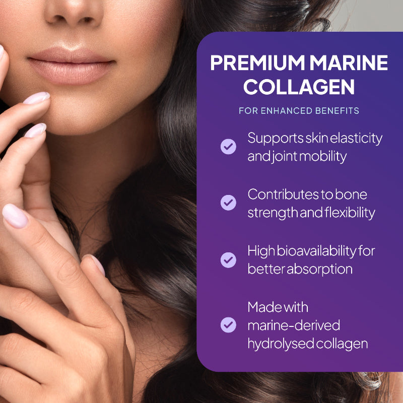 Premium marine collagen supports skin elasticity and joint mobility as well as contributes to bone strength and flexibility