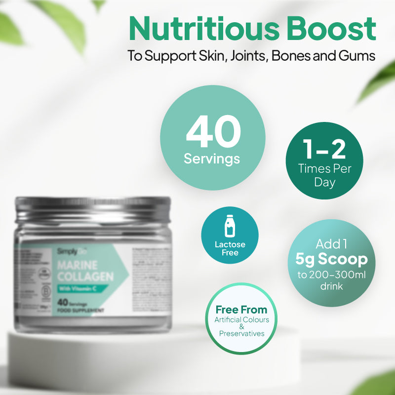 SimplyGo Marine Collagen supplement graphic showing 40 servings, 1 to 2 times per day, lactose free formula, free from artificial colours and preservatives, and 1 scoop added to 200 to 300ml drink.