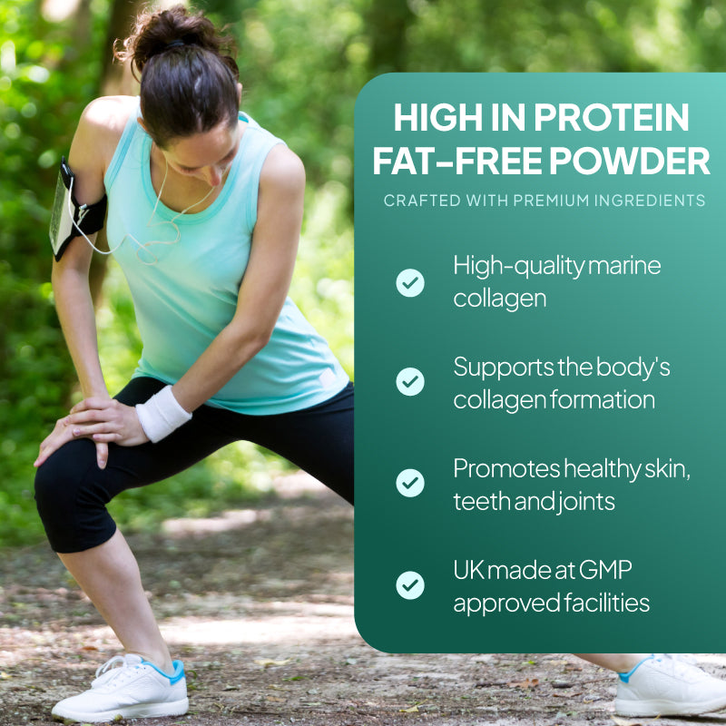 SimplyGo Marine Collagen lifestyle graphic highlighting high-protein fat-free powder, premium marine collagen, support for collagen formation, healthy skin teeth and joints, and UK GMP-approved manufacturing.