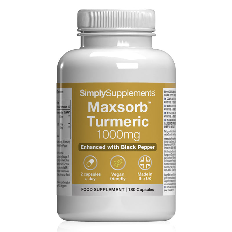 Simply Supplements' Maxsorb Turmeric 1000mg product on a white background