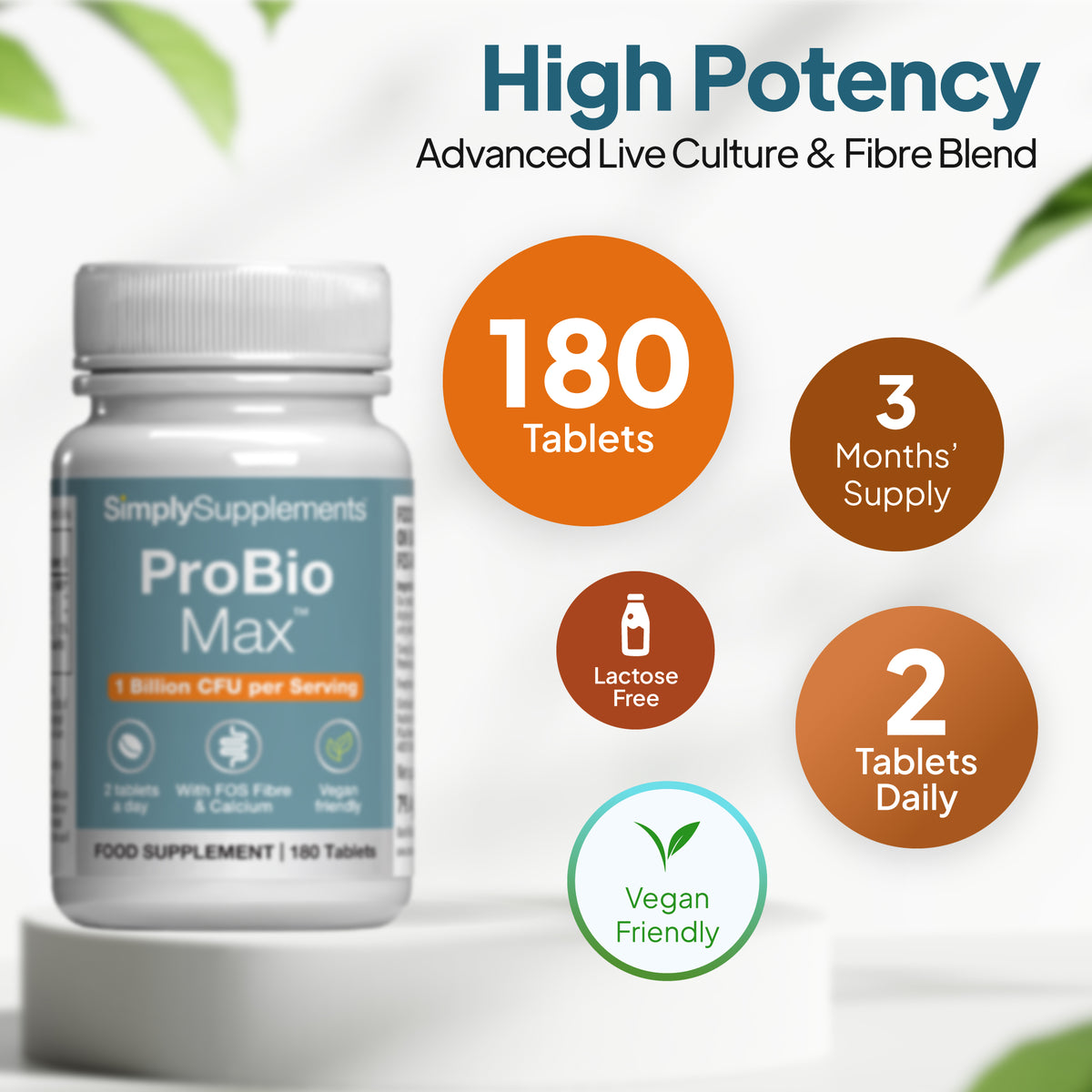 Simply Supplements ProBio Max supplement graphic showing 180 tablets, 3 months supply, 2 tablets daily, lactose free formula and vegan friendly support.