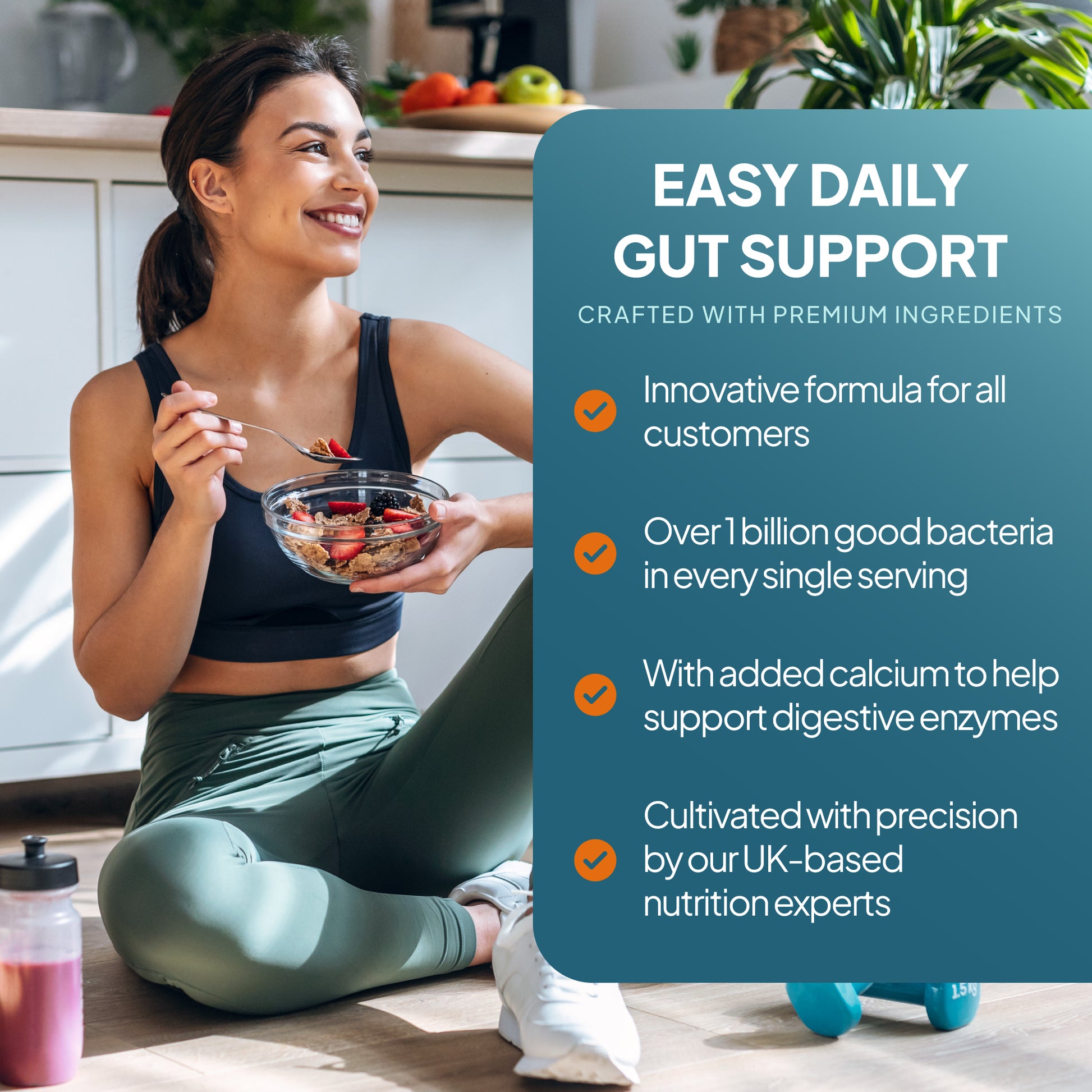 Simply Supplements Probiotic Max lifestyle graphic highlighting probiotic and prebiotic gut support, over 1 billion good bacteria per serving, added calcium for digestive enzymes and fast-release tablets.