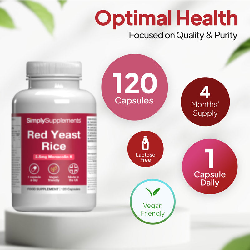 Supplement bottle labeled 'Red Yeast Rice'. 4 months supply (1 per day). Lactose free and vegan friendly