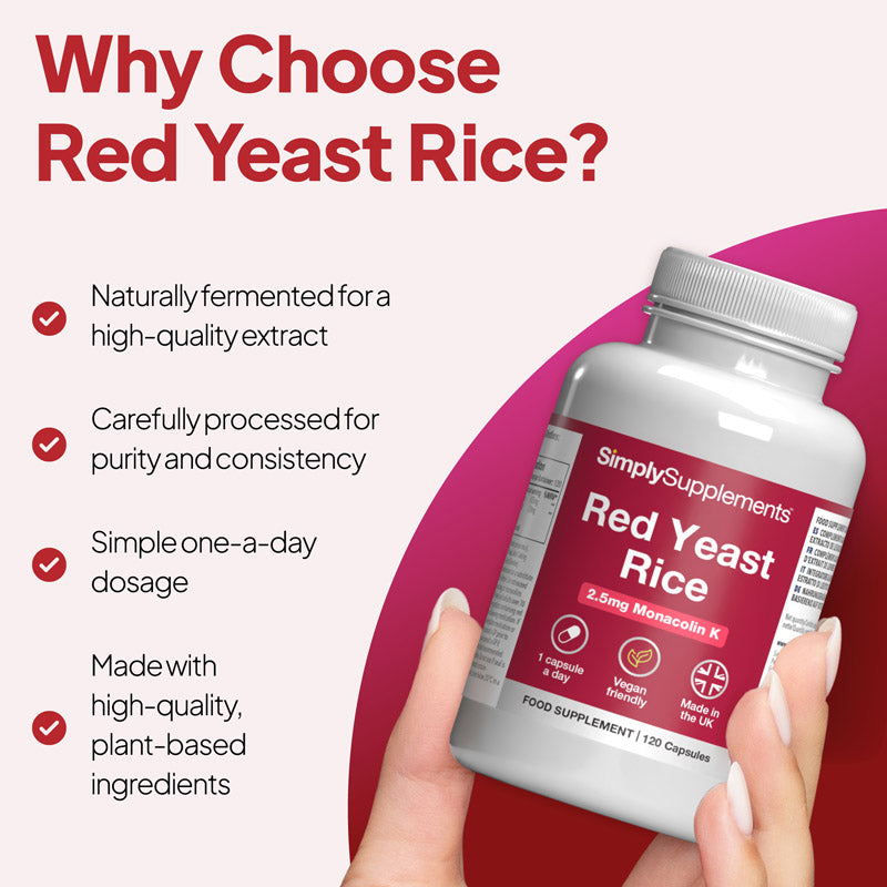 Bottle of Simply Supplements Red Yeast Rice ectract highlighting benefits and dosage