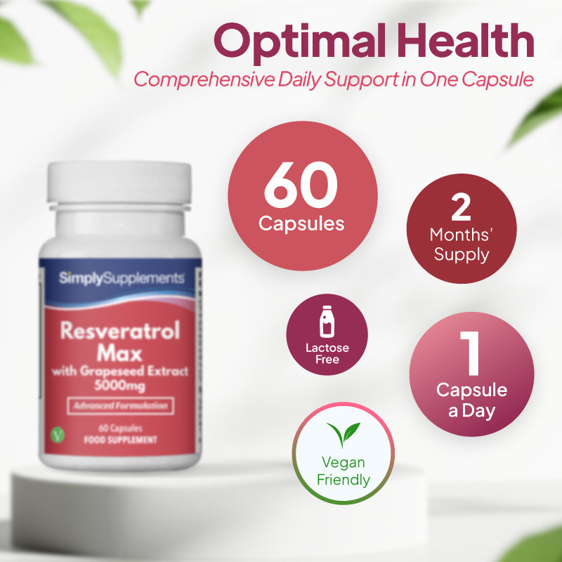 Product infographic for Simply Supplements Resveratrol Max with Grapeseed Extract 5000mg, showing the bottle beside a circular layout filled with grapes, with text stating 60 capsules, 2 months’ supply, 1 capsule a day, suitability for vegans and lactose free