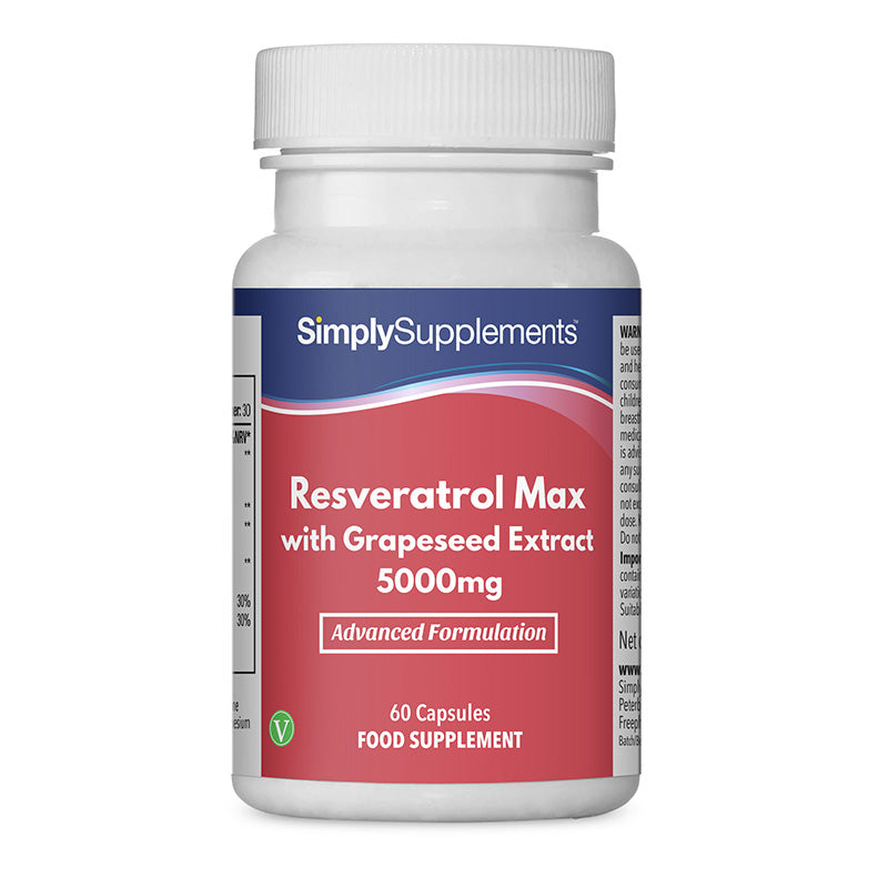 Supplement bottle labeled 'Resveratrol Max with Grapeseed Extract 5000mg' by SimplySupplements on a white background.