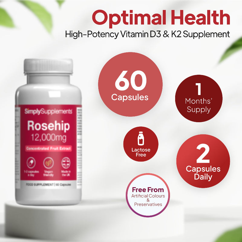 Simply Supplements Rosehip 12,000mg supplement graphic showing 60 capsules, 1 month supply, 2 capsules daily, lactose free formula and free from artificial colours and preservatives.