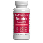 Front label of Simply Supplements Rosehip 12,000mg concentrated fruit extract capsules, vegan friendly food supplement made in the UK with 1 to 2 capsules daily.