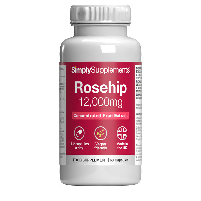 Front label of Simply Supplements Rosehip 12,000mg concentrated fruit extract capsules, vegan friendly food supplement made in the UK with 1 to 2 capsules daily.