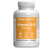 White supplement bottle labeled 'SimplySupplements Vitamin B12 1000µg' on a white background