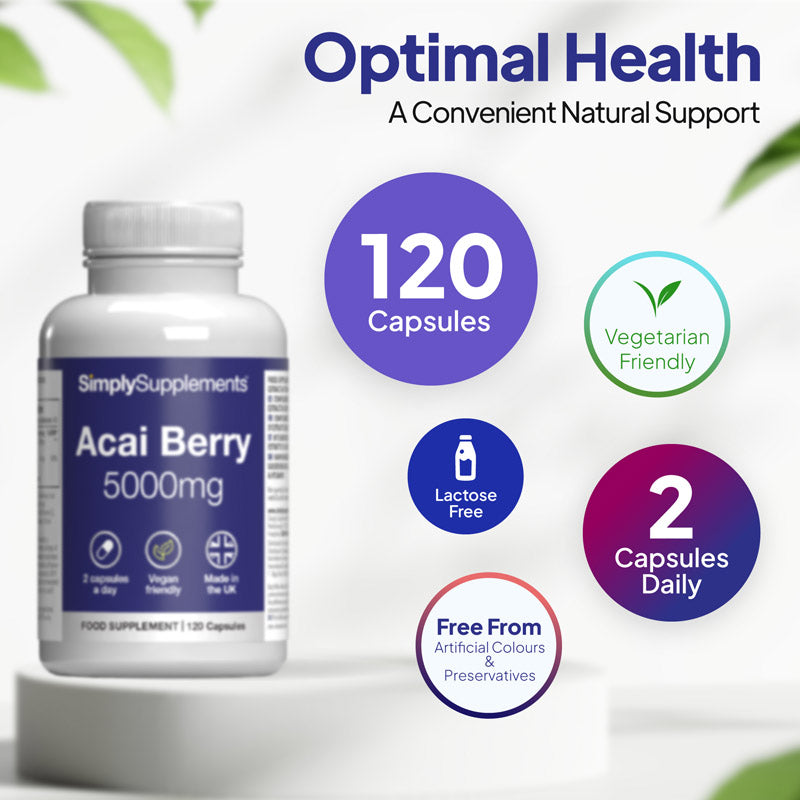acai berry 5000mg 120 capsules, 60 days supply. Vegetarian, lactose free and no artificial colours or preservatives