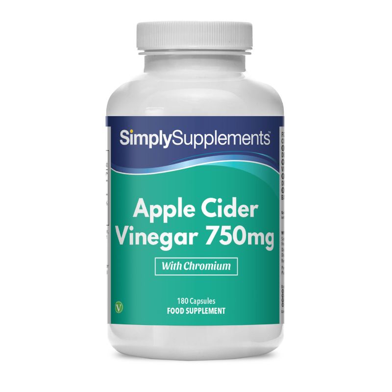 Flacone di integratore etichettato “Aceto di Sidro di Mele 750mg SimplySupplements” su sfondo bianco.